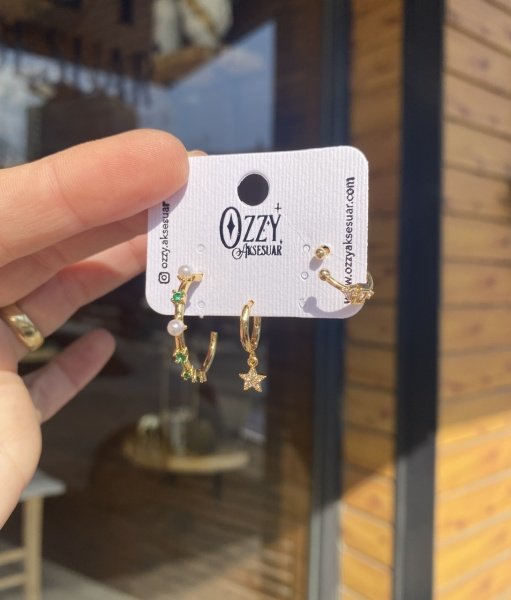 Yeşil Zirkon Taşlı 2 Küpe 1 Earcuff Kombin Set Küpe