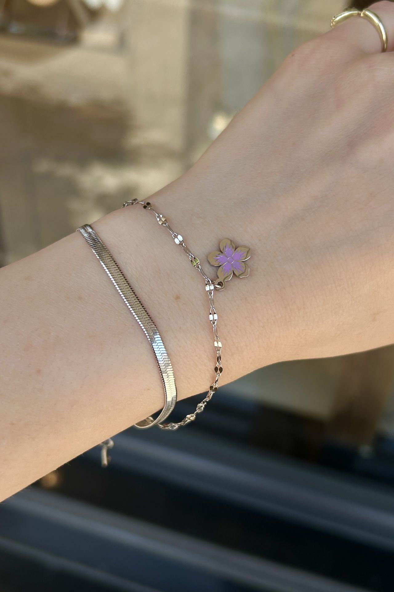 Mineli Lotus Charmlı Çift Zincir Çelik Bileklik Gümüş Renk