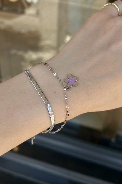 Mineli Lotus Charmlı Çift Zincir Çelik Bileklik Gümüş Renk