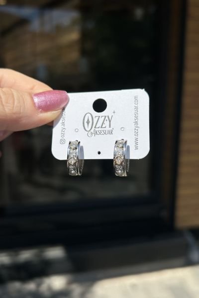 Geometrik Taş İşlemeli İki Renk Premium Halka Küpe