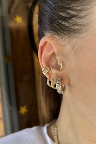 Geometrik Taş İşlemeli İki Renk Premium Halka Küpe