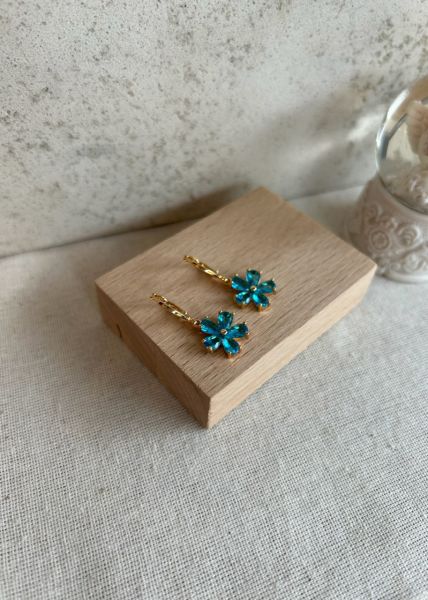 Zirkon Taş Yapraklı Çiçek Halka Küpe Mavi Taş