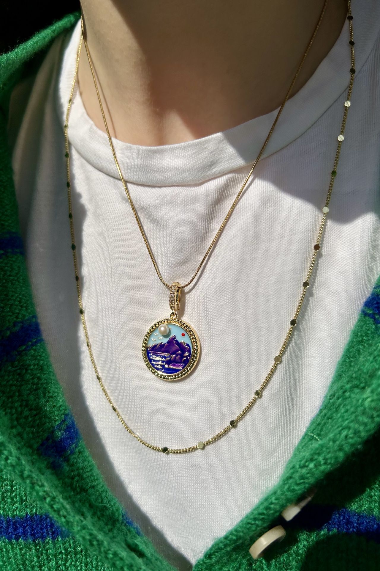 Art Serisi İnci Detay Manzara Model Çelik Kolye 45cm