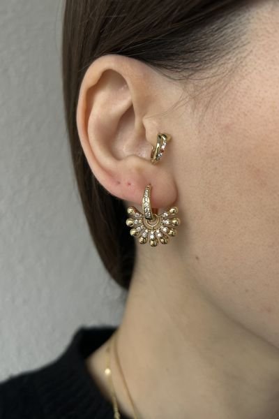 VIP Gömme Taşlı Sallantılı Yelpaze Model Halka Küpe 14K