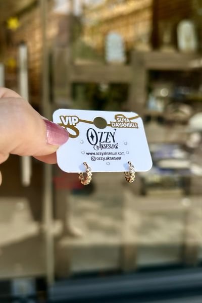 VIP Önü Yuvarlak Sıra Taşlı Minik Halka Küpe 22K