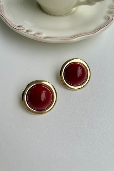 Gold Çerçeveli Yuvarlak Küpe Bordo