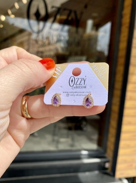 VIP Seri Mor Zirkon Taşlı Damla Küçük Halka Küpe