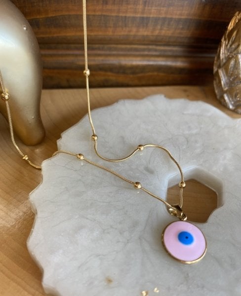 Çelik Pembe Mineli Nazar Boncuk Uçlu Kolye 45 + 5 cm