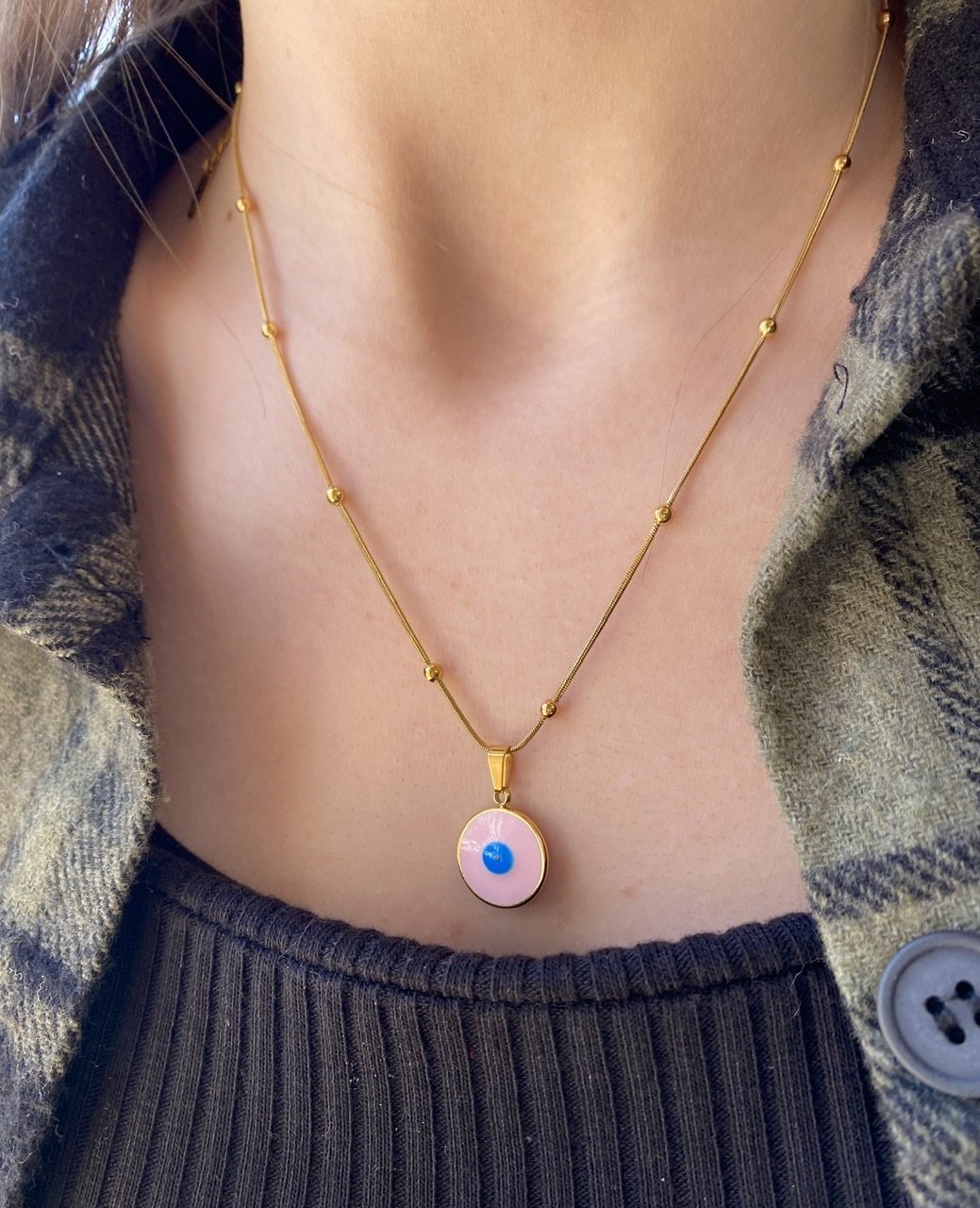 Çelik Pembe Mineli Nazar Boncuk Uçlu Kolye 45 + 5 cm