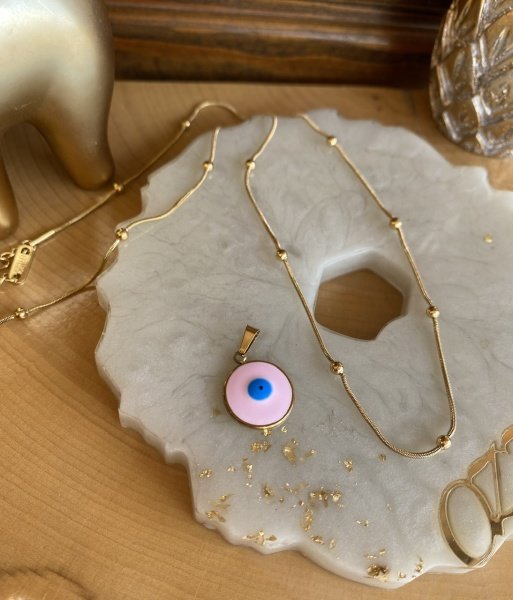 Çelik Pembe Mineli Nazar Boncuk Uçlu Kolye 45 + 5 cm