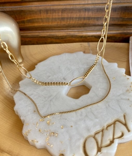 Çelik Oval Detaylı 2 Zincirli Kolye