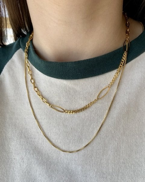 Çelik Oval Detaylı 2 Zincirli Kolye