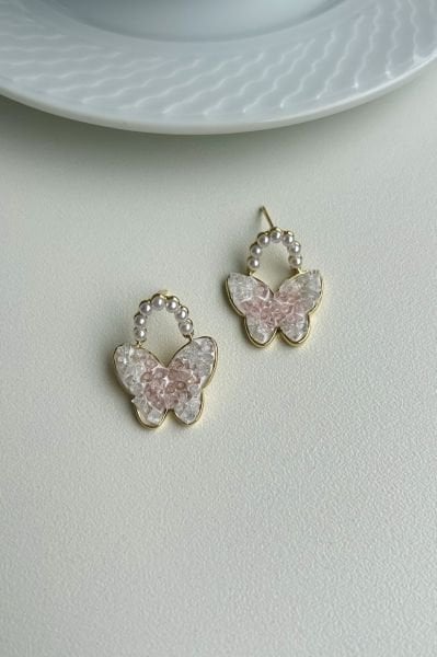 İnci Detaylı Kristal Taş İşleme Premium Kelebek Küpe