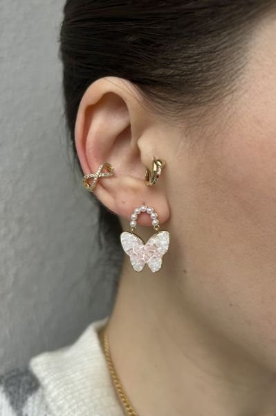 İnci Detaylı Kristal Taş İşleme Premium Kelebek Küpe