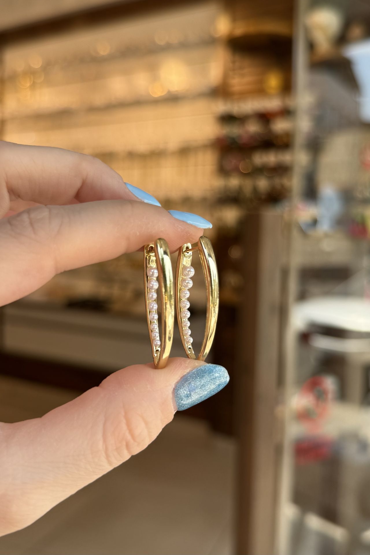 VIP İçi Sıra İncili Damla Halka Küpe 14K