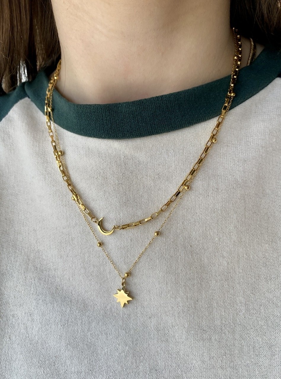 Çelik Ay ve Kuzey Yıldızlı 2 li Zincir Kolye