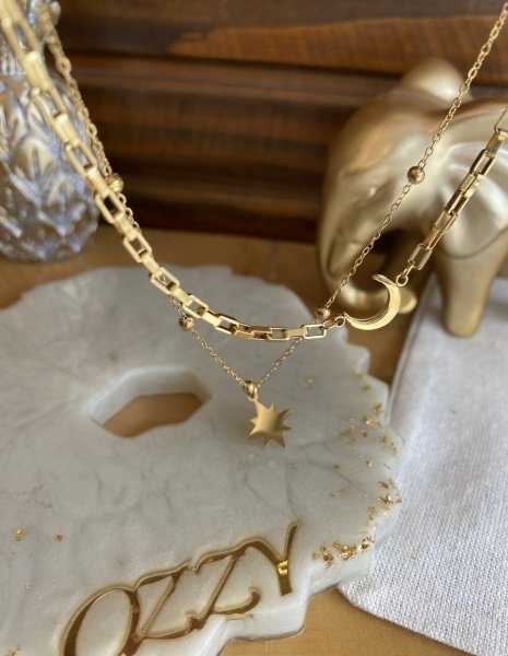 Çelik Ay ve Kuzey Yıldızlı 2 li Zincir Kolye