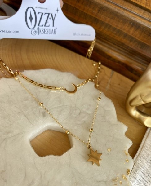 Çelik Ay ve Kuzey Yıldızlı 2 li Zincir Kolye