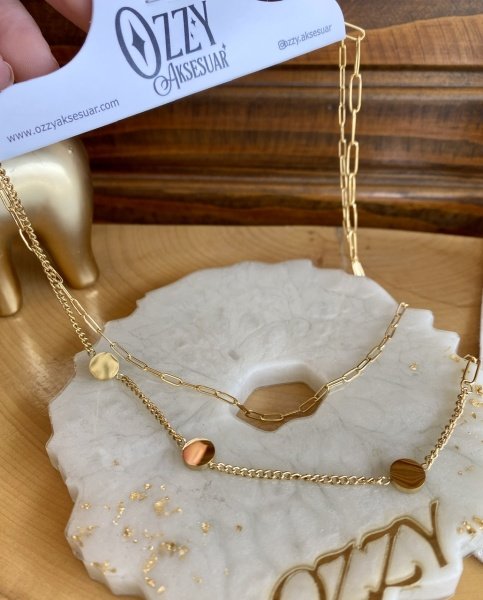 Çelik Yuvarlak Detaylı 2 Zincirli Kolye