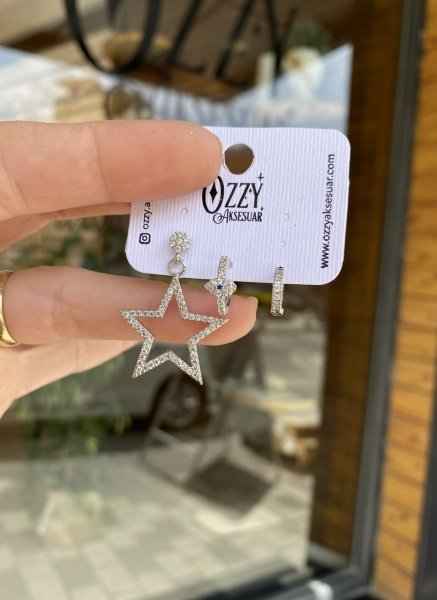 Zirkon Taş Yıldız Detaylı 3 'lü Set Küpe Gümüş Renk