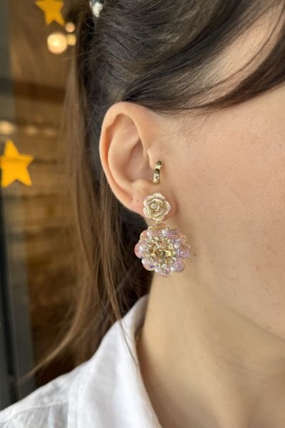 Sedefli Gül Detay Kristal Taşlı Çiçek Küpe