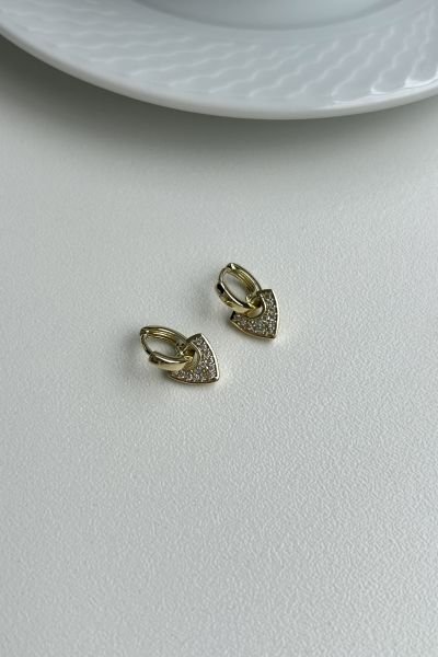 Gömme Taşlı Üçgen Pul Sallantılı Küçük Halka Küpe 14K