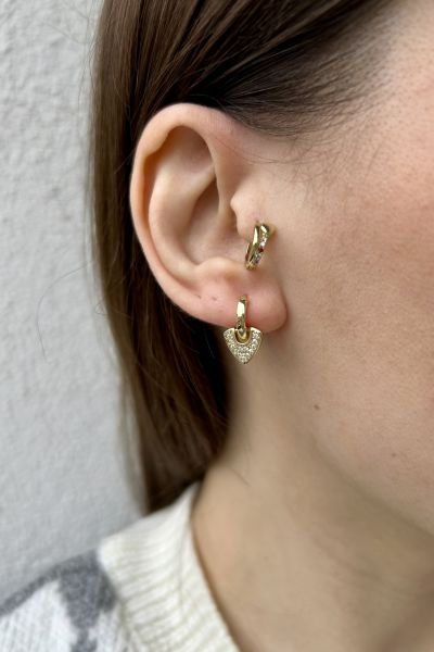 Gömme Taşlı Üçgen Pul Sallantılı Küçük Halka Küpe 14K