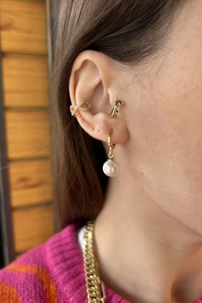 Büyük Top İncili Halka Küpe 14K