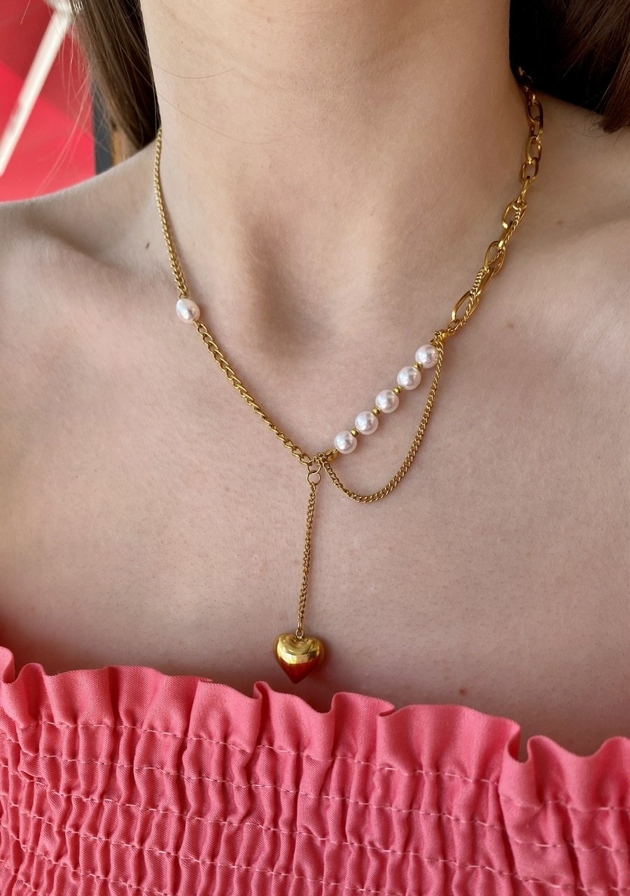 Çelik Kalp Uçlu İnci Detaylı Zincir Kolye 45 + 5 cm