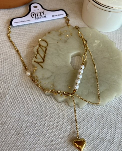 Çelik Kalp Uçlu İnci Detaylı Zincir Kolye 45 + 5 cm