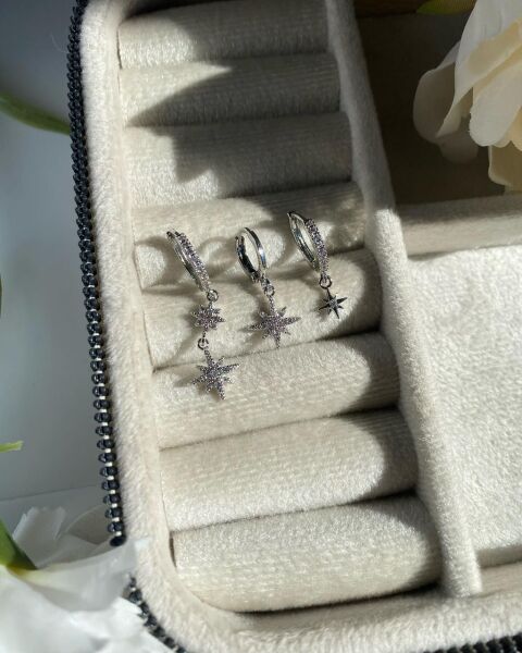 Kuzey Yıldız Işığı 3'lü Set Küpe Gümüş Renk