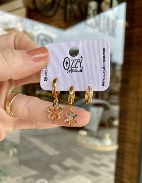 Renkli Zirkon Taşlı 3 'lü Set Çiçek Küpe