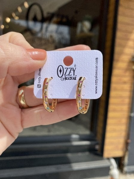 Renkli Zirkon Taşlı Oval Halka Küpe