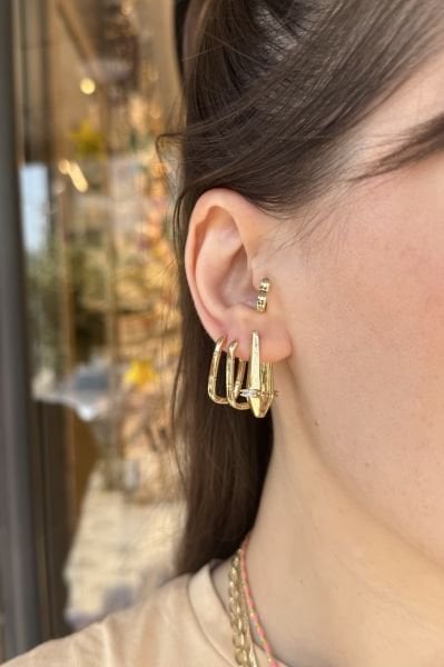 VIP Ön ve Arkası Baget Taşlı Köşeli Sepet Halka Küpe 14K