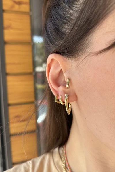 VIP Gömme Taş Detaylı Damla Halka Küpe 14K