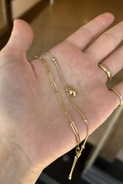 VIP Top Detaylı Çift Zincir Model Bileklik 16 + 4 cm 14K