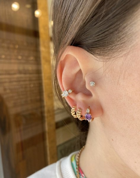 VIP Seri 3 Zirkon Taşlı Küçük Halka Küpe Mor