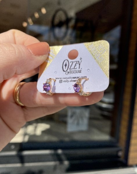 VIP Seri 3 Zirkon Taşlı Küçük Halka Küpe Mor