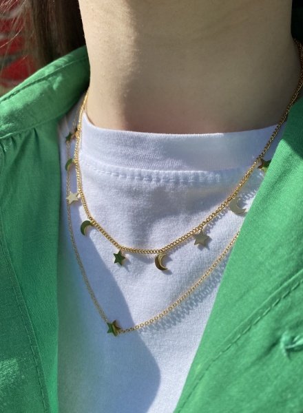 Çelik Sıra Ay Yıldızlı Çift Zincirli Kolye